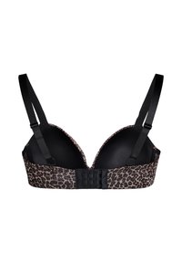 Podprsenka s leopardím vzorom, čiernymi vypchatými pohárikmi, nastaviteľnými ramienkami a zapínaním na háčik a očko. Má hladký materiál a V-čkový dizajn.