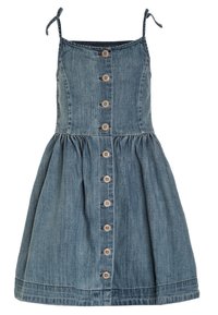 Abito in denim con spalline sottili regolabili, corpetto aderente, gonna svasata e chiusura frontale con bottone in legno. Colore azzurro chiaro con lieve texture.