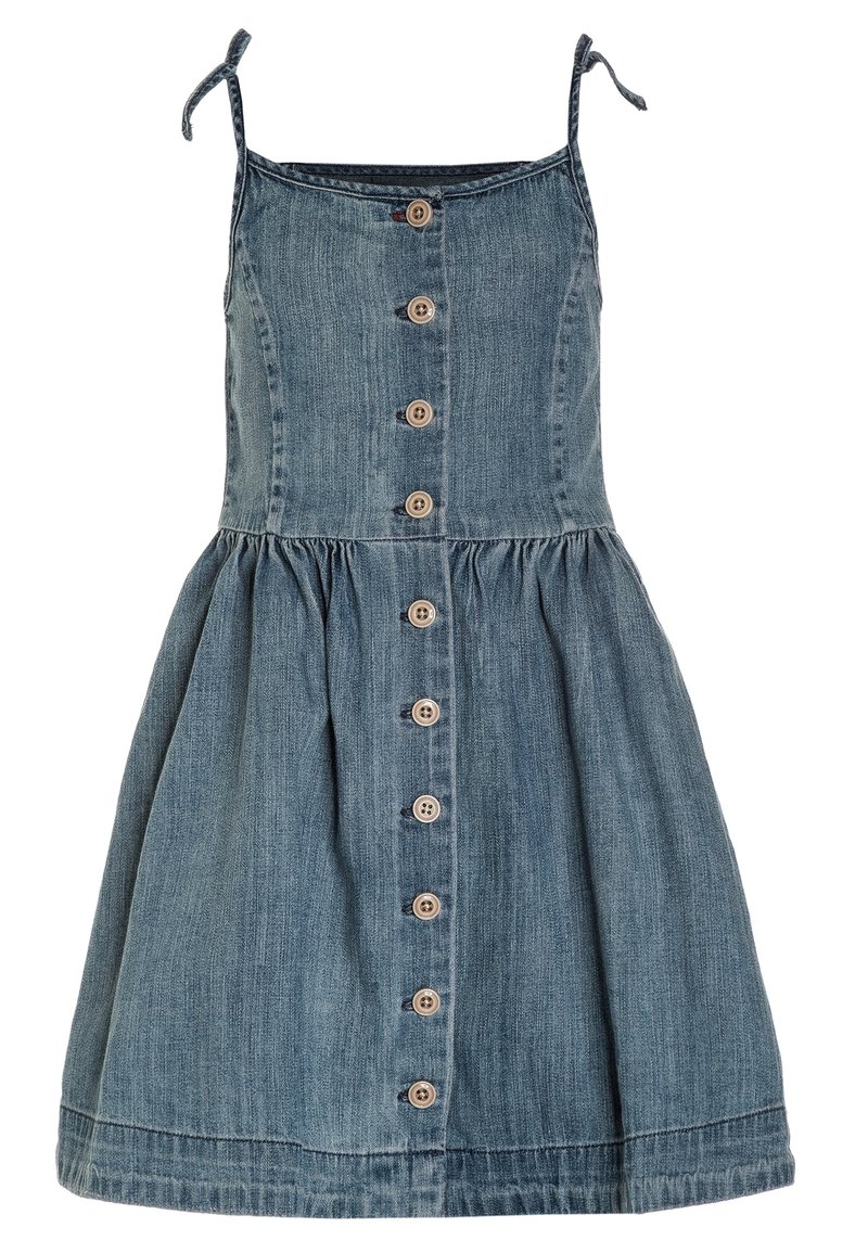 Abito in denim con spalline sottili regolabili, corpetto aderente, gonna svasata e chiusura frontale con bottone in legno. Colore azzurro chiaro con lieve texture.