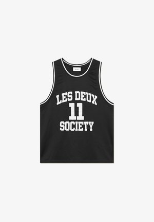Schwarzes Mesh-Basketball-Top mit weißem Text: "LES DEUX 11 SOCIETY." Runder Ausschnitt mit kontrastierendem Besatz. Sportlicher Stil, ärmelloses Design.