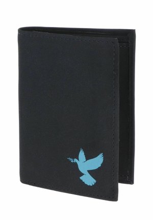 Portefeuille noir bifold avec une petite colombe bleue tenant un rameau d'olivier imprimé dans le coin inférieur avant.