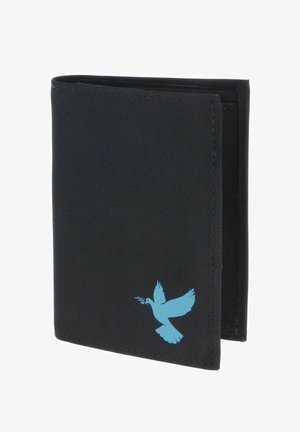 Portefeuille noir bifold avec une petite colombe bleue tenant un rameau d'olivier imprimé dans le coin inférieur avant.