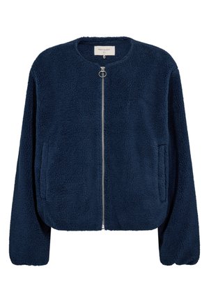 Marineblauwe fleecejas met lange mouwen, voorritssluiting met ringtrekker en zijzakken, gemaakt van zachte, gestructureerde stof.
