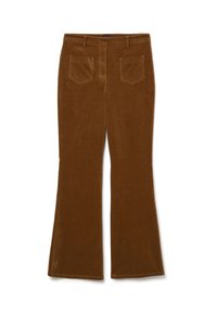 Braune Corduroy-Flared-Hosen mit einer weichen Textur, ausgestattet mit zwei Gesäßtaschen und einem mittelhohen Bund, maßgeschneidert für einen figurbetonten Stil.