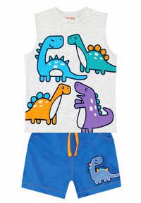 Sleeveless gray shirt with colorful dinosaur prints in blue, orange, and purple, paired with blue shorts featuring a dinosaur patch and orange drawstring.