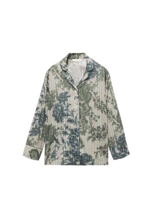 Overhemd met knoopsluiting in een groen en blauw bloemmotief op een crèmekleurige gestreepte achtergrond, met een klassieke kraag en lange mouwen.
