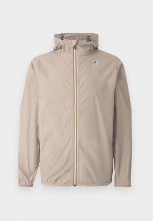 Light beige windbreaker jacket, featuring a zip front with yellow, gray, and white stripes, elastic cuffs, and a hood with adjustable toggles.