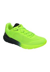 Neon groene sportshoe met een bovenwerk van mesh, zwarte accenten en een gevoerde zool. Bevat een decoratief logo en een standaard vetersluiting.