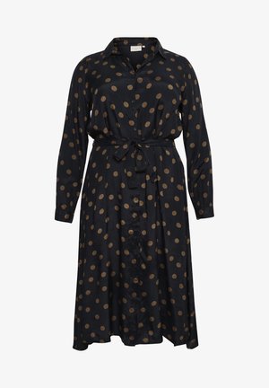 Mid-length, button-down dress in navy fabric featuring gold polka dots, a belted waist, and long sleeves with cuffs. Smooth texture.