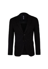 Schwarzer Blazer mit einreihigem Design, zwei Knöpfen und Reverskragen. Verfügt über Fronttaschen und eine glatte Stoffstruktur.