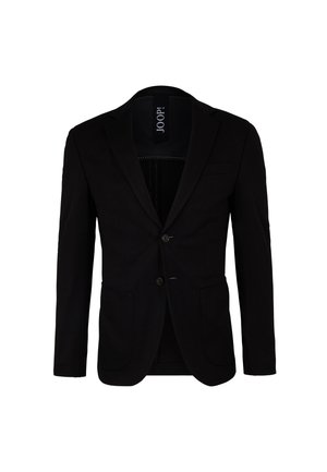 Schwarzer Blazer mit einreihigem Design, zwei Knöpfen und Reverskragen. Verfügt über Fronttaschen und eine glatte Stoffstruktur.