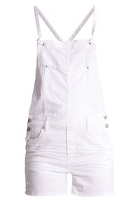 Vita denim overaller med justerbara axelremmar, framficka och två sidofickor, accentuerade med silverknappar vid midjan.