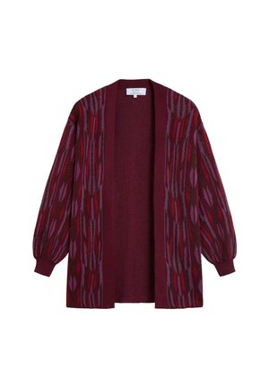 Largo cárdigan burdeos con mangas abullonadas, que presenta un diseño estampado en tonos rojos y púrpuras. Fabricado en un suave material de punto texturizado.