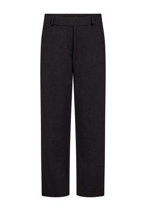 Black straight-leg trousers made of smooth fabric, featuring a wide waistband and no visible embellishments. Flat front design.