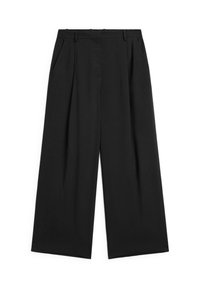 Zwarte pantalons met wijde pijpen en geplooide voorkant, gemaakt van lichtgewicht stof. Kenmerkt een hoge taille en een soepele textuur. Geen zichtbare versieringen.