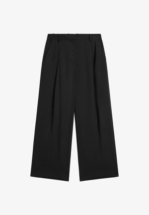 Sorte brede bukser med plisseret front, lavet af letvægtsstof. Har høj talje og glat tekstur. Ingen synlige pynt.
