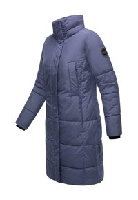 Long, lightweight padded coat in dark blue, featuring a high collar, diagonal stitching, and a zipped chest pocket. Soft, smooth texture.