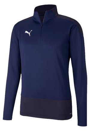 Marineblauwe sportieve pullover met een half-rits kraag, lange mouwen en een contrasterende donkerblauwe zoom. Bevat een wit logo op de borst.
