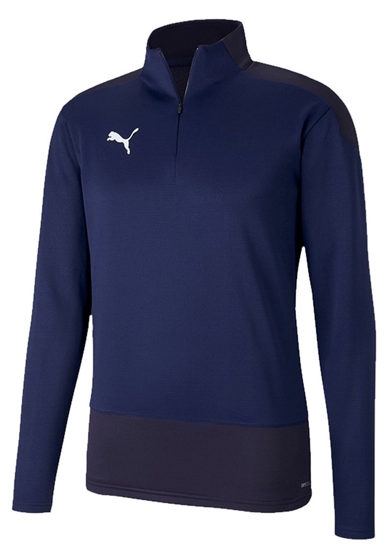 Maglione sportivo blu navy con colletto a mezza zip, maniche lunghe e orlo blu scuro a contrasto. Presenta il logo bianco sul petto.