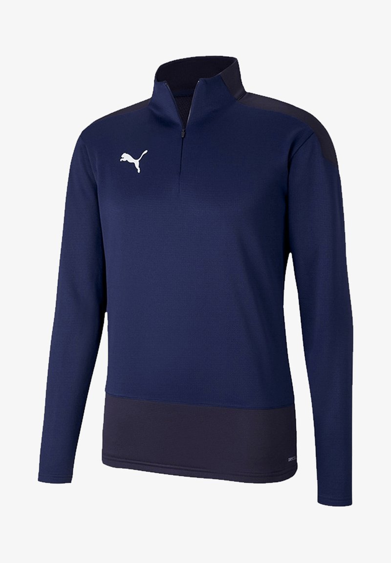 Marineblauwe sportieve pullover met een half-rits kraag, lange mouwen en een contrasterende donkerblauwe zoom. Bevat een wit logo op de borst.