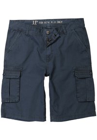 Navy cargo shorts made of woven fabric, featuring two side pockets and two cargo pockets, with a button closure and zip fly.