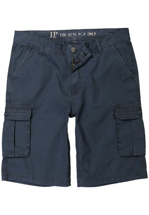 Shorts de cargaison navy en tissu tissé, dotés de deux poches latérales et de deux poches cargo, avec une fermeture à bouton et un zip.