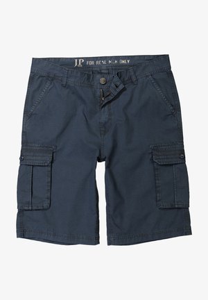 Pantalones cortos de carga color navy hechos de tejido entrelazado, con dos bolsillos laterales y dos bolsillos de carga, cierre de botón y cremallera.