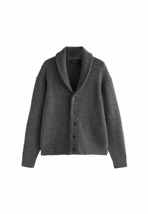 Grå cardigan lavet af strikstof, med sjalskrave, seks knapper og ribbede detaljer på skuldre og ærmer.