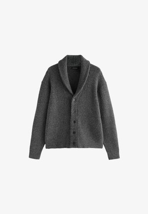 Gray cardigan made of knit fabric, featuring a shawl collar, six buttons, and ribbed accents on shoulders and sleeves.