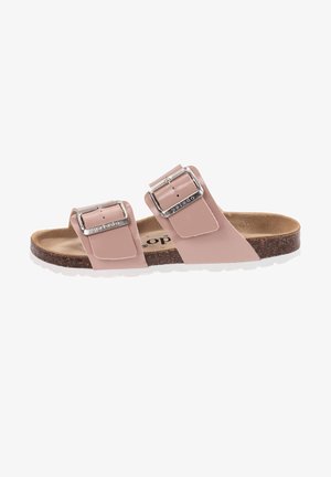 Sandalias de charol rosa con dos correas ajustables, hebillas plateadas, plantilla de corcho y suela de goma blanca con textura.