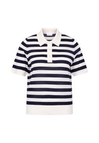 Polo à manches courtes avec rayures horizontales bleu marine et blanches, col blanc, patte à trois boutons et ourlet blanc.