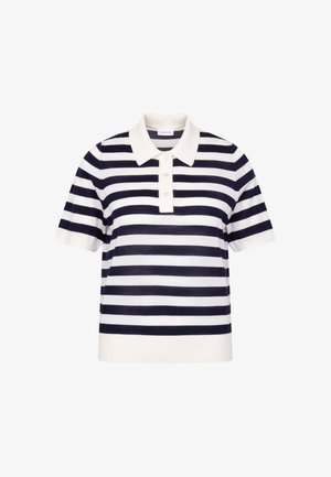 Polo à manches courtes avec rayures horizontales bleu marine et blanches, col blanc, patte à trois boutons et ourlet blanc.