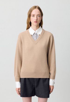 Pull beige en V, fabriqué en tissu tricot doux, avec des poignets et un ourlet côtelés. Porté sur une chemise blanche avec un col rayé et des embellissements ronds.