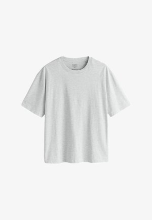 Vaaleanharmaa lyhythihainen T-paita, joka on valmistettu pehmeästä, sileästä kankaasta. Pyöreä kaula-aukko ja löysä istuvuus. Ei näkyviä kuvioita tai grafiikoita.