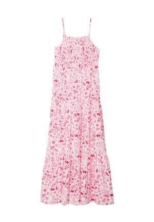 Rosa Sommerkleid mit dünnen Trägern, gerafftem Oberteil und ausgestellt Rock. Besitzt ein florales Muster mit verschiedenen kleinen Motiven.