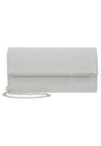 Pochette rectangulaire texturée avec paillettes argentées, dotée d'une lanière en métal et d'une fermeture à rabat.