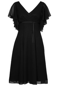 Robe noire longueur genou avec col en V, manches volantées transparentes, taille empire et ceinture fine en ruban nouée à l'avant.