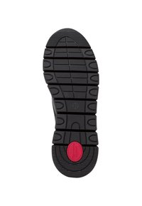 Suola di scarpa in gomma nera con un motivo di battistrada caratterizzato da indentazioni circolari e rettangolari. Accento circolare rosso vicino al tallone. Misura 37.