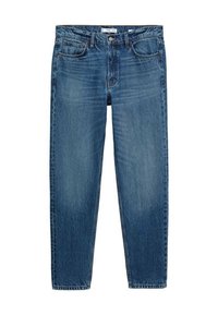 Blue denim jeans featuring a straight leg design, five-pocket style, and subtle faded texture with a zip fly and button closure.