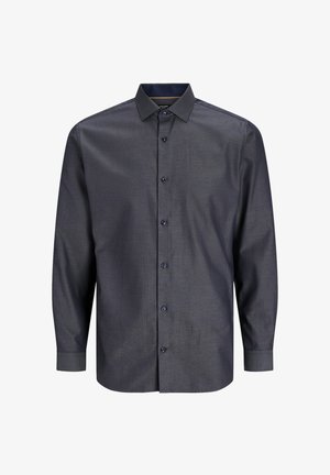 Chemise bleue marine à manches longues, avec un col, un motif subtil et des boutons foncés. Tissu lisse et léger.