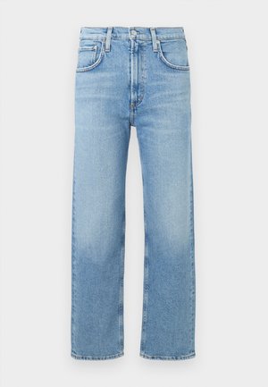 Light blue denim jeans with a straight leg design, five pockets, and classic stitching. Features a zip fly and belt loops.