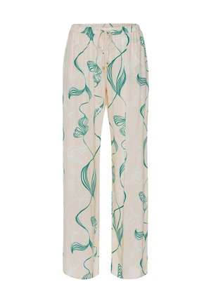 Pantalones ligeros de color crema con un patrón de hojas verdes, que cuentan con una cintura ajustable mediante cordón y piernas sueltas y anchas para mayor comodidad.