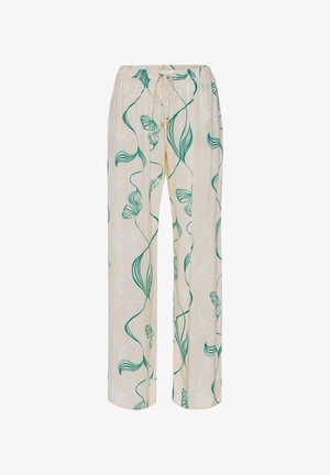 Lekkie, kremowe spodnie z zielonym wzorem liści, z elastycznym pasem ze sznurkiem i luźnymi, szerokimi nogawkami dla wygody.