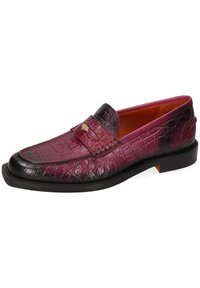 Krokodilgemusterte Loafer in einem Farbverlauf von Burgunderrot zu Schwarz, mit einem polierten Lederoberteil und einem runden Zehenbereich.