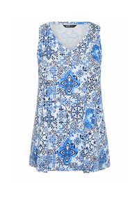 Top sin mangas con estampado floral azul y blanco, cuello en V y corte holgado.