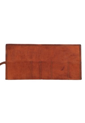 Brown leather wallet, with a smooth texture, featuring multiple card slots and a simplistic design. Stitched edges with a slim profile.