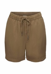 Ruskeat, kevyet shortsit, joissa on joustava vyötärö, säädettävä naru ja taitetut helmat. Tasainen pinta ilman näkyviä taskuja.