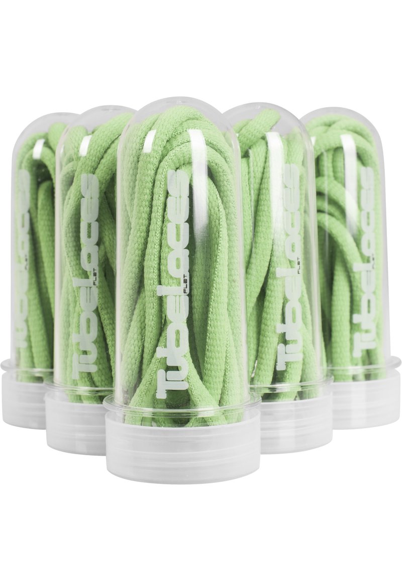 Flat shoelaces in bright green, packaged in clear plastic tubes with white branding. The laces feature a textured weave.