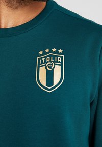 Tyrkysová mikina s kultovním zlatým logem FIGC Itálie a pěti hvězdami nahoře, s kruhovým emblémem uprostřed. Hladký límec a strukturovaná tkanina.