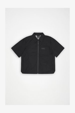 Black short-sleeve zip-up jacket with a pointed collar and a chest pocket featuring "RAINS" text on the front.